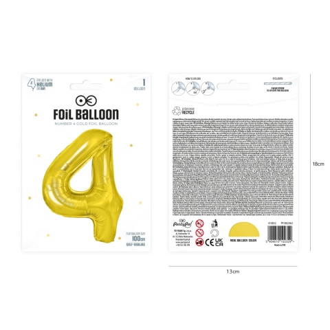 Balon foliowy cyfra 4 złoty 100cm Balon foliowy cyfra 4 złoty 100cm