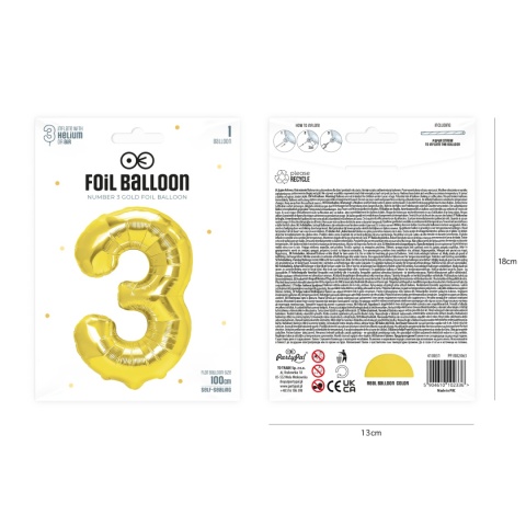 Balon foliowy cyfra 3 złoty 100cm Balon foliowy cyfra 3 złoty 100cm