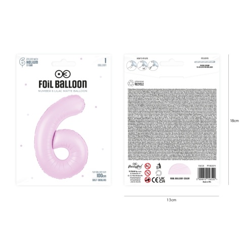 Balon foliowy cyfra 6 liliowy matowy 100cm Balon foliowy cyfra 6 liliowy matowy 100cm