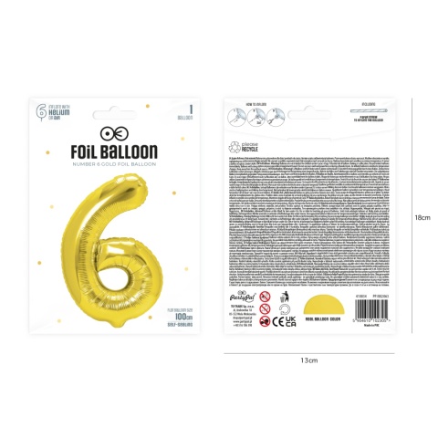 Balon foliowy cyfra 6 złoty 100cm Balon foliowy cyfra 6 złoty 100cm