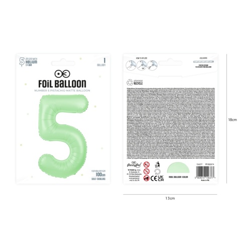 Balon foliowy cyfra 5 pistacjowy matowy 100cm Balon foliowy cyfra 5 pistacjowy matowy 100cm