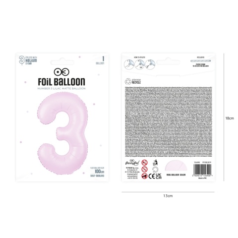Balon foliowy cyfra 3 liliowy matowy 100cm Balon foliowy cyfra 3 liliowy matowy 100cm