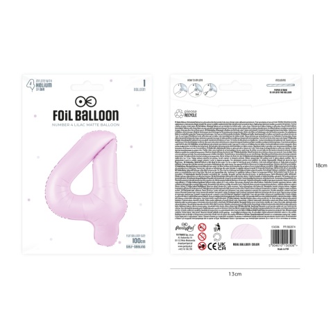 Balon foliowy cyfra 4 liliowy matowy 100cm Balon foliowy cyfra 4 liliowy matowy 100cm