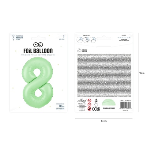 Balon foliowy cyfra 8 pistacjowy matowy 100cm Balon foliowy cyfra 8 pistacjowy matowy 100cm