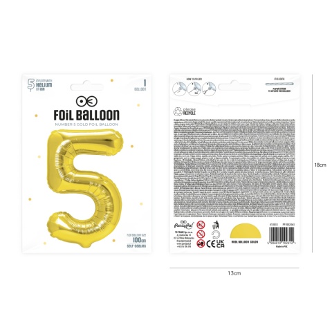 Balon foliowy cyfra 5 złoty 100cm Balon foliowy cyfra 5 złoty 100cm