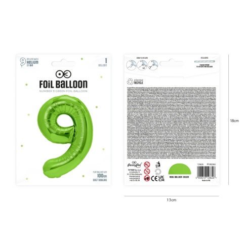 Balon foliowy cyfra 9 zielony 100cm Balon foliowy cyfra 9 zielony 100cm