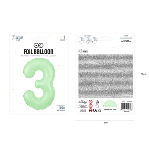 Balon foliowy cyfra 3 pistacjowy matowy 100cm Balon foliowy cyfra 3 pistacjowy matowy 100cm