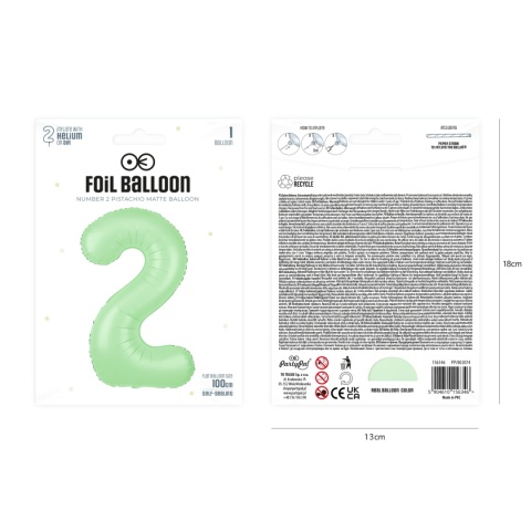 Balon foliowy cyfra 2 pistacjowy matowy 100cm Balon foliowy cyfra 2 pistacjowy matowy 100cm