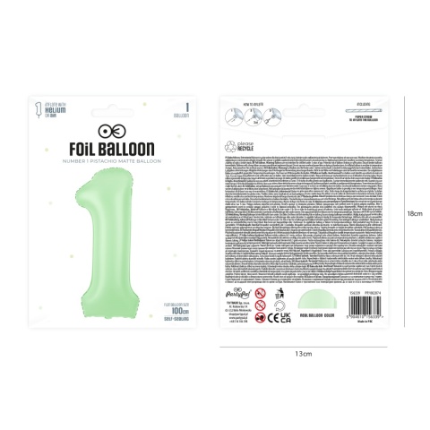 Balon foliowy cyfra 1 pistacjowy matowy 100cm Balon foliowy cyfra 1 pistacjowy matowy 100cm