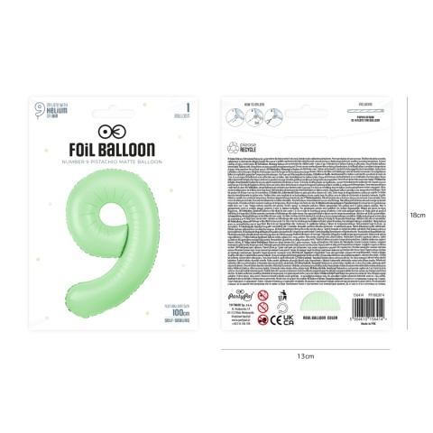 Balon foliowy cyfra 9 pistacjowy matowy 100cm Balon foliowy cyfra 9 pistacjowy matowy 100cm
