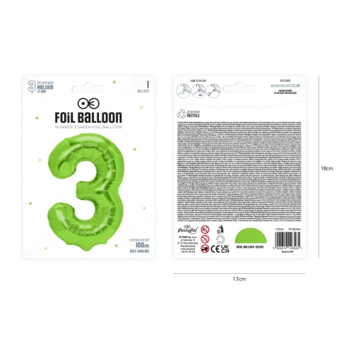 Balon foliowy cyfra 3 zielony 100cm Balon foliowy cyfra 3 zielony 100cm