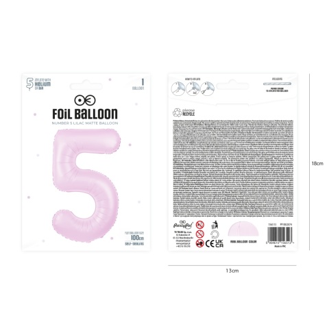Balon foliowy cyfra 5 liliowy matowy 100cm Balon foliowy cyfra 5 liliowy matowy 100cm